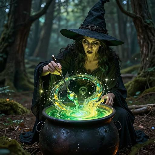 Witch Brewing Potion in Forest Hut