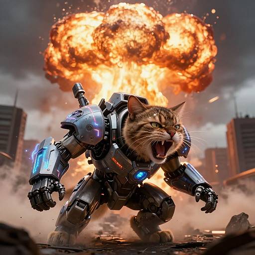 Photorealistic CGI of a fierce, robotic cat with glowing blue accents, roaring as a massive explosion erupts behind it in a ruined cityscape.