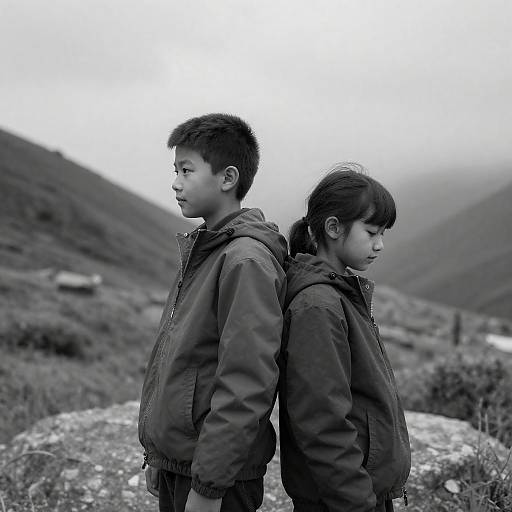 Back-to-Back Children in Rugged Mountains