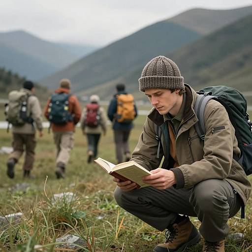 Caucasian Man Reading in Grassy Field