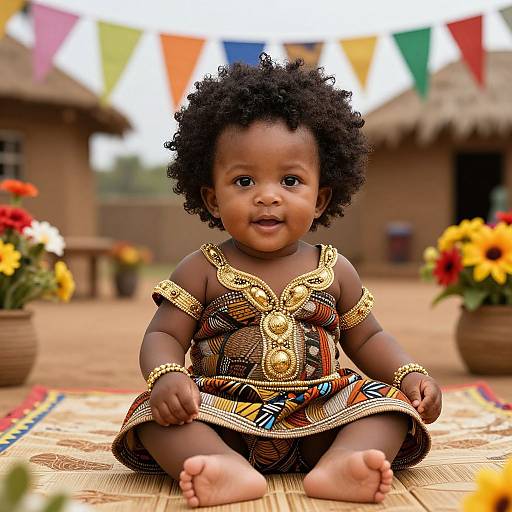 Photograph of an adorable African baby with dark skin and curly black hair, wearing intricate gold jewelry and traditional colorful dress, sitting outdoors on a mat with