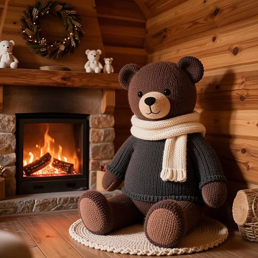Cozy Rustic Cabin with Knitted Bear