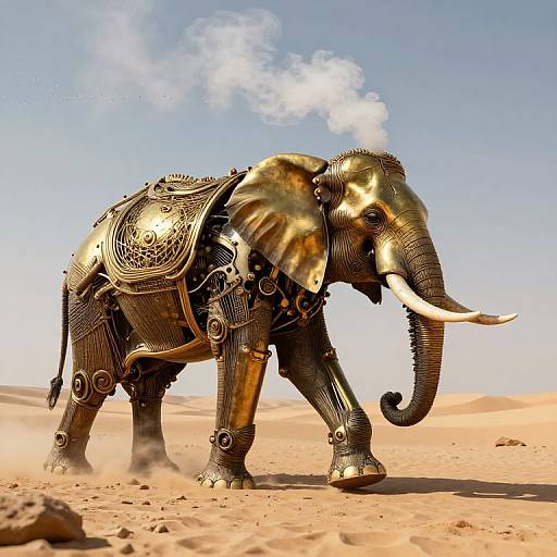 Ancient Mechanical Elephant in Desert Sky
