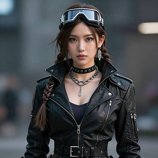 Photograph of an Asian woman with dark braids, wearing black leather jacket, choker, goggles, and chain necklaces, standing outdoors. Urban