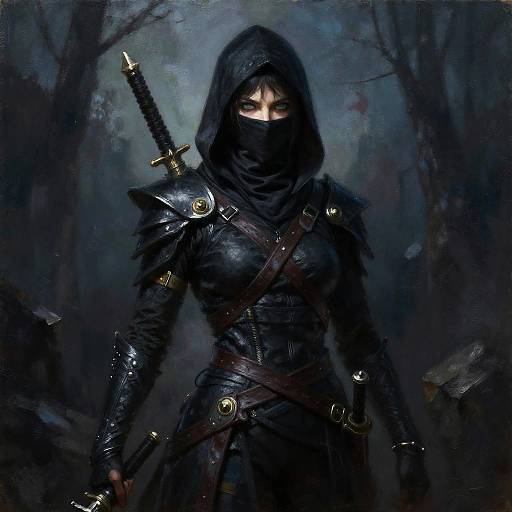 Dark, mysterious digital painting of a hooded, black-armored assassin with glowing eyes, sword on back, in a foggy, forested background