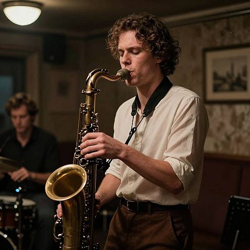 Photograph of a curly-haired man in a white shirt playing a golden saxophone on stage, with a blurred drummer in the background. Warm, dim