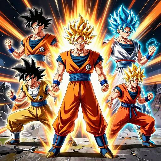 Digital artwork of five Super Saiyan warriors from Dragon Ball Z, emitting intense energy, with vibrant orange and blue auras, standing in a powerful,