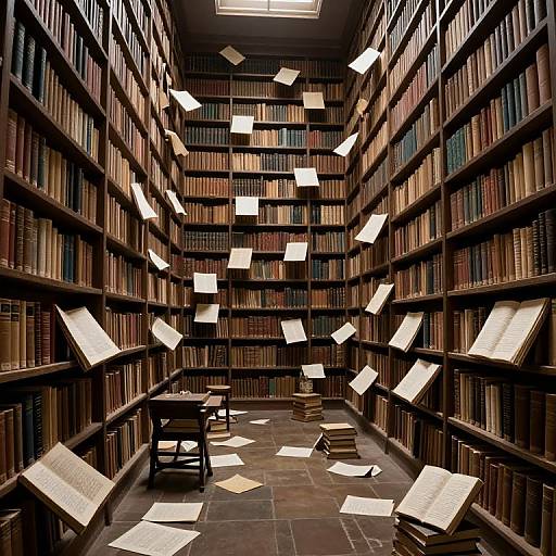 Photograph of a dimly lit library with flying open books, dark wooden shelves filled with books, stone floor, and a single chair.