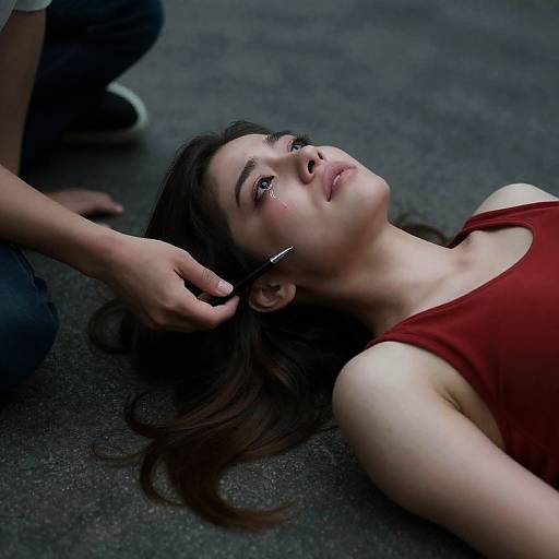 Emotional Woman in Red Top Photograph