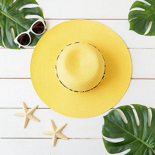 Overhead photo of a yellow straw hat, white-framed sunglasses, two green monstera leaves, and two beige starfish on white wood.