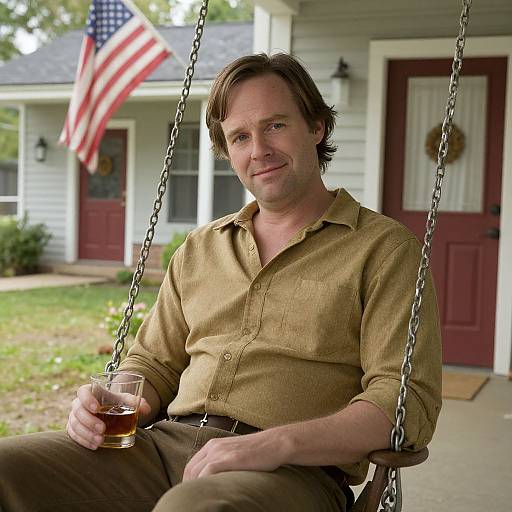 Photograph of a middle-aged man with brown hair, wearing a beige button-up shirt, sitting on a porch swing, holding a glass of whiskey,
