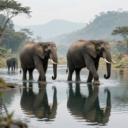Photograph of two large African elephants with tusks, standing in a reflective river, surrounded by lush greenery and a misty mountain background.