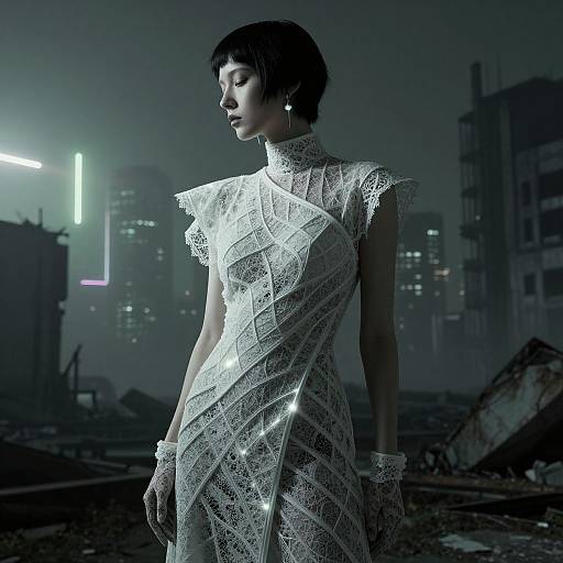 Photograph of a short-haired Asian woman in a white lace dress, standing in a dark, dystopian cityscape at night. Neon lights illuminate the