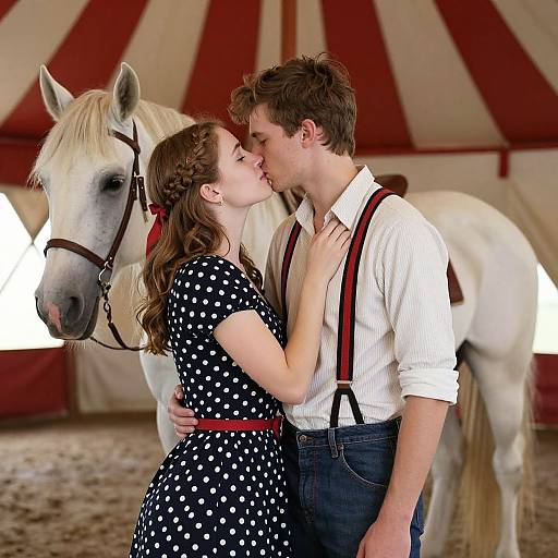 Photograph of a brown-haired couple kissing, wearing vintage attire, in front of a white horse and red-striped circus tent. She wears a polka
