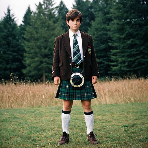 Boy in Traditional Scottish Kilt Outfit Outdoors