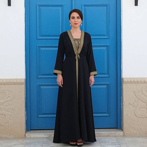 Photograph of a fair-skinned woman with dark hair in a black, long-sleeve, gold-embellished dress, standing in front