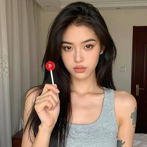 Young Woman Holding Red Lollipop