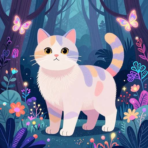 Digital illustration of a fluffy white cat with orange and yellow patches, standing in a vibrant, neon-lit forest with colorful butterflies and glowing flowers.