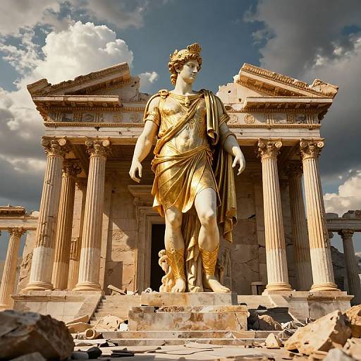 Photograph of a golden, classical-style statue of a robed figure standing before a partially ruined, grand temple with tall columns and a cloudy sky in