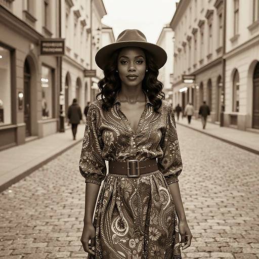 Photograph of a confident Black woman with curly hair, wearing a wide-brimmed hat and ornate, patterned dress with a belt, standing