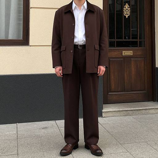 Photograph of a person in a black suit, white shirt, and brown shoes, standing in front of a beige and dark blue building with a wooden