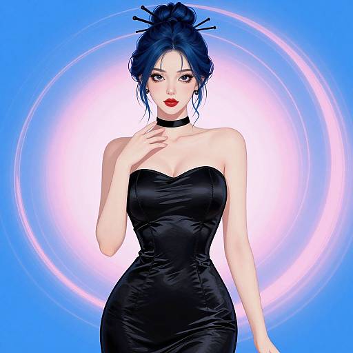 Digital anime-style drawing of a blue-haired woman with red lipstick, wearing a black strapless dress and choker, set against a glowing blue circular background