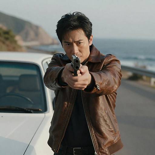 Cinematic Man Aiming Gun at Camera