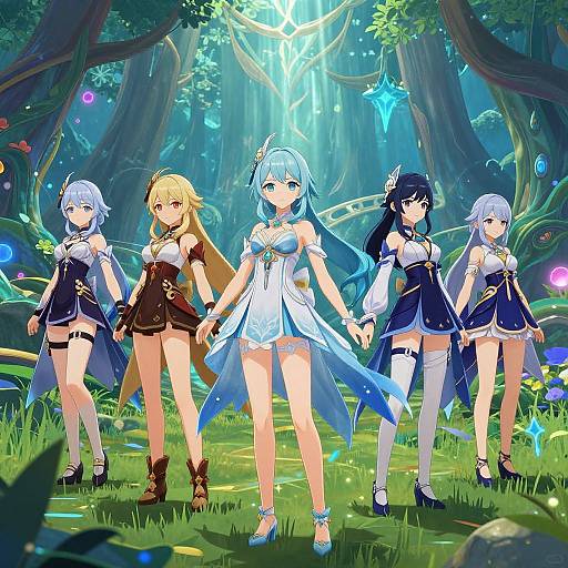 Digital anime artwork of four female characters with diverse hair colors and outfits, standing in a vibrant, magical forest with glowing elements.
