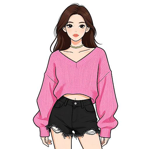 Digital illustration of a young woman with long brown hair, wearing a pink V-neck sweater, black high-waisted shorts with frayed edges, and