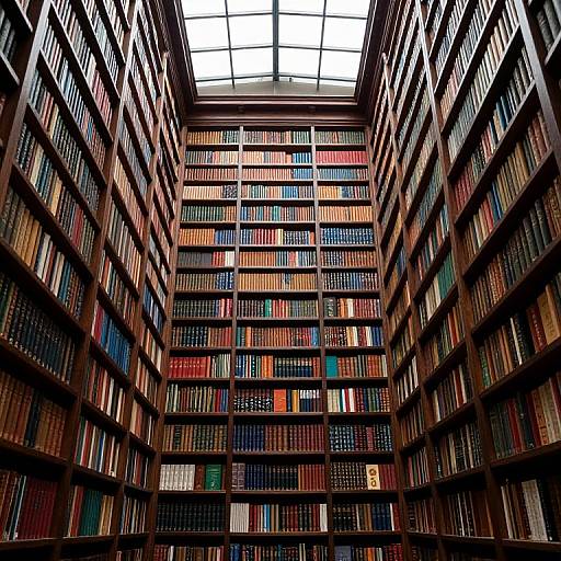 Photograph of a tall, narrow library with tall wooden bookshelves filled with colorful books, viewed from the floor looking up at a skylight