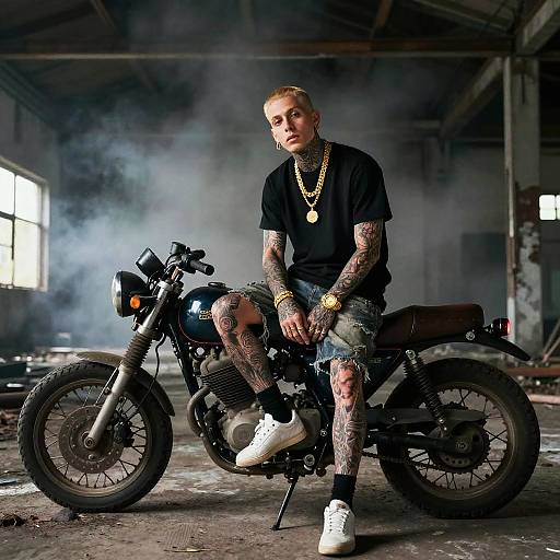 Tattooed White Rapper on Vintage Motorcycle