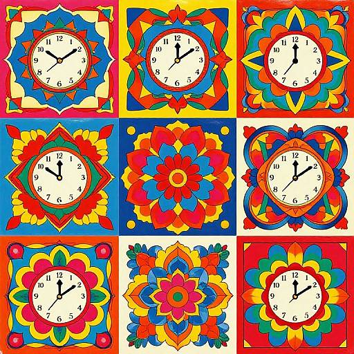 Colorful, digital illustration of nine clocks each framed in vibrant, abstract, floral patterns with bright reds, blues, yellows, and oranges.