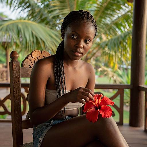 Photograph of a young Black woman with braided hair, wearing a strapless beige top and denim shorts, holding a red hibiscus flower
