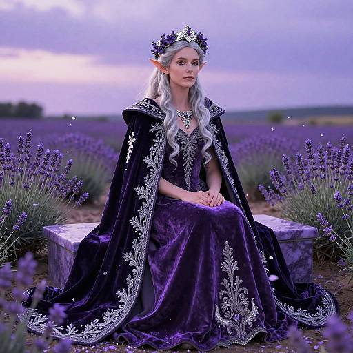 Photograph-style digital art of a silver-haired, elven woman in a purple velvet gown and black, silver-embroidered cape, seated in