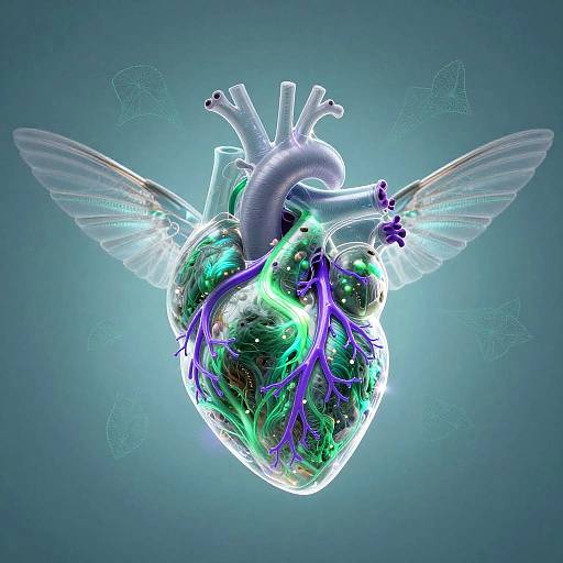 Digital art of a glowing, futuristic, heart with neon green and purple veins, transparent wings, and a blue gradient background.