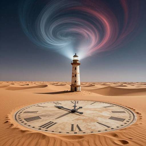 Photograph of a desert lighthouse with swirling galaxy-like lights above, standing on a large clock face in golden sand dunes.