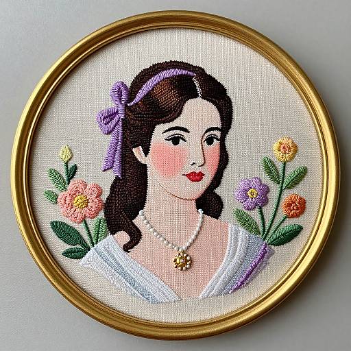 Cross-stitched portrait of a fair-skinned woman with dark hair, purple bow, red lips, white dress, pearl necklace, and floral background.