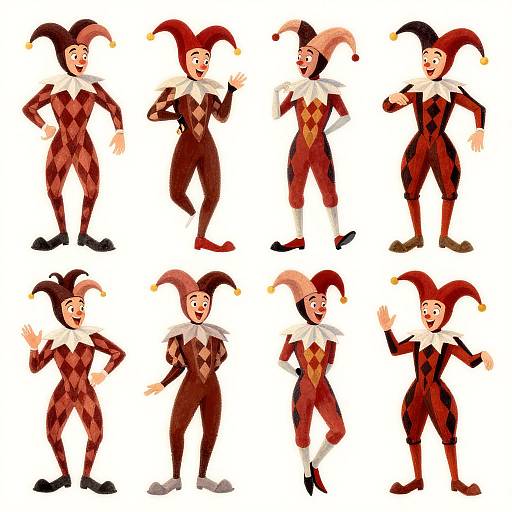 Digital illustration of eight jester characters with red and brown jester suits, white collars, and various jester hats, standing in different poses against