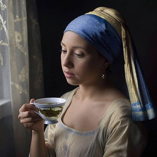 Photorealistic portrait of a woman in Renaissance-style attire, with blue headscarf and gold trim, holding a teacup, softly illuminated by