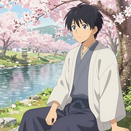 Serene Anime Spring by Cherry Blossom River