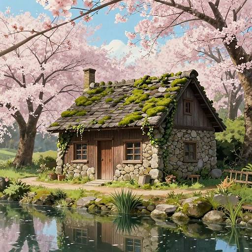 Whimsical stone cottage with mossy roof, cherry blossom trees, and a tranquil pond in vibrant, digital anime-style artwork.