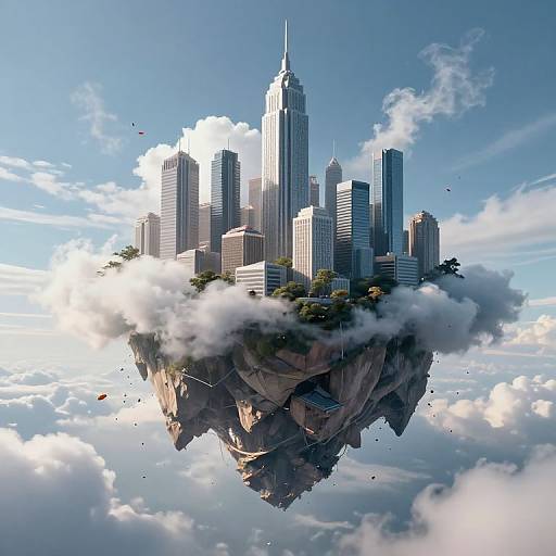 Digital artwork of a floating cityscape with skyscrapers atop a rocky island, surrounded by clouds and scattered birds, under a bright blue sky.