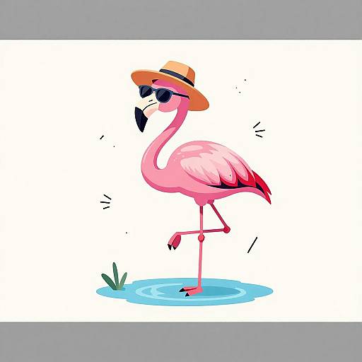 Cool Pink Flamingo Wearing Hat and Sunglasses