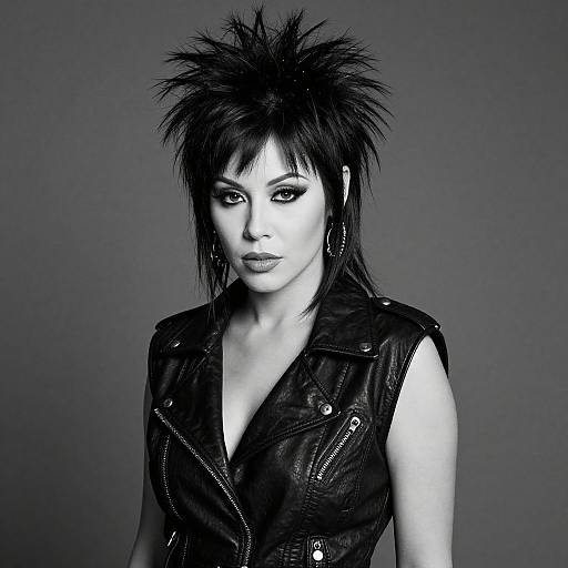 Black-and-white photograph of a punk-rock woman with spiky hair, heavy makeup, and a leather vest, staring intensely forward.