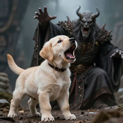 Photograph of a barking yellow Labrador puppy in front of a menacing, horned dark sorcerer in foggy, rocky terrain.