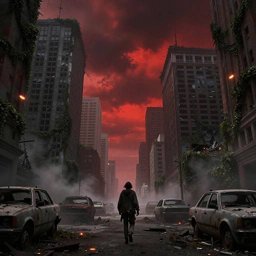 Digital artwork of a lone cyclist in a dark, dystopian city street with tall, graffiti-covered buildings, red sky, and smoky, foggy