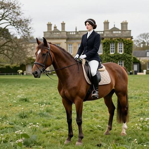 Photograph of a woman in equestrian attire, riding a brown horse in a grassy field with a large, ivy-covered mansion in the