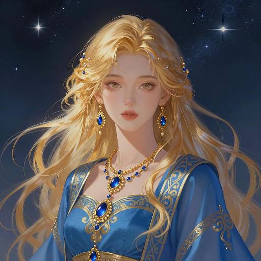 Elegant Woman in Blue with Golden Jewelry