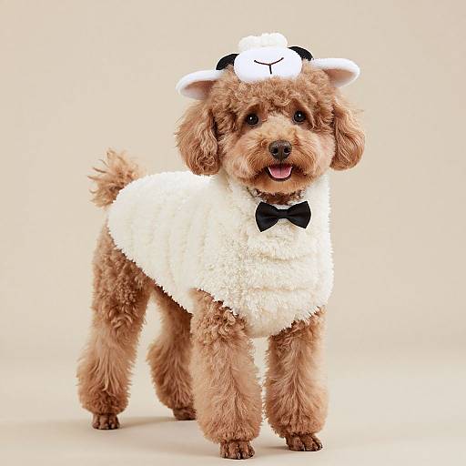 Photograph of a cute, curly-haired brown puppy dressed as a white sheep with a black bow tie and white sheep ears.