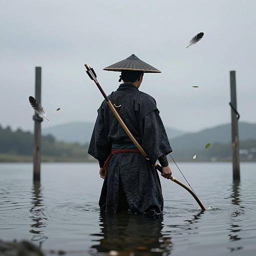 Japanese Warrior in Water with Longbow